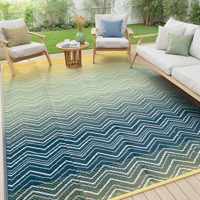 Lahome Outdoor Rugs 8x10 Waterproof, Reversible Plastic Outdoor Area Rug for Patios, Outside RV Mat Carpet for Deck Porch Backyard Balcony Picnic Trailer (Yellow/Blue, 8' x 10')