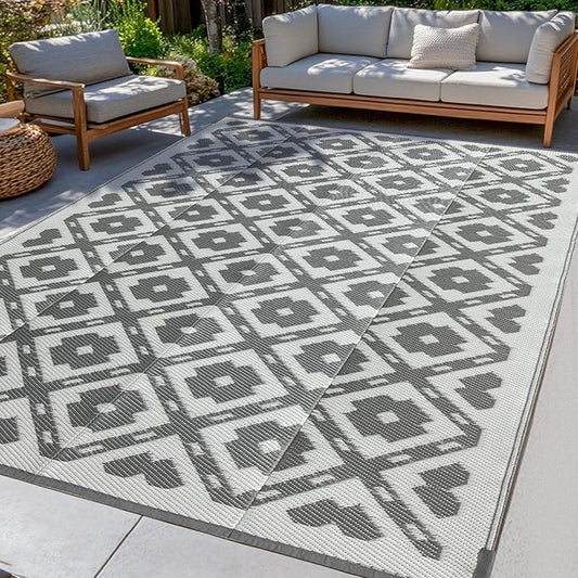Waterproof Outdoor Rug 9x12 ft, Reversible Plastic Straw Rug, Easy to Clean Patio Rug, Portable Carpet for Patio, RV, Deck, Balcony, Backyard, Picnic, Beach, Square Dashed, Gray