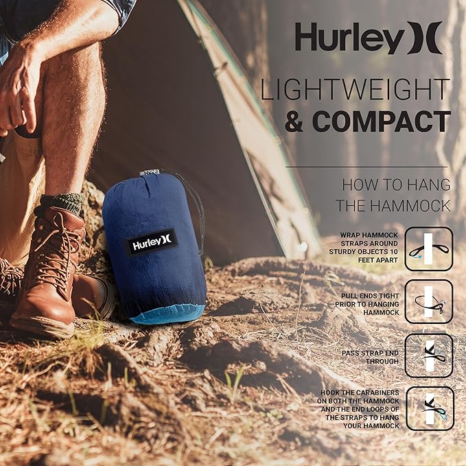 Hurley Uno Camping Hammock - 1 Person Portable Hammock for Camping, Heavy Duty Hammock, Parachute Nylon Fabric - Camping Accessories & Gear for Outdoor Activities - Holds Up to 400lbs, Mix, 108 x 54