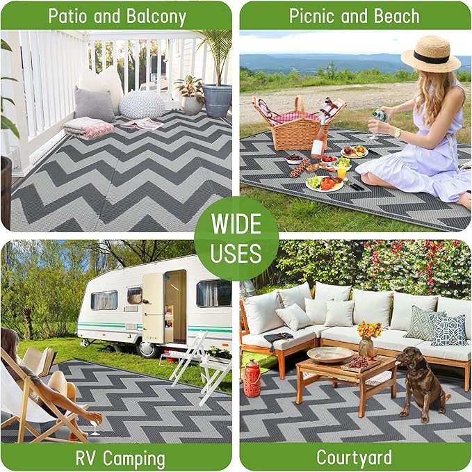Easy-Going Reversible Outdoor Rugs 5x8ft Waterproof Plastic Straw Rug Stain & UV Resistant Floor Mat for Patio Porch RV Backyard Pool Deck Picnic Beach Trailer Camping (Waved Grey & Light Grey)