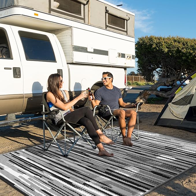 GENIMO Outdoor Rug for Patio Clearance, 9'x12' Waterproof Camping Mat, Reversible Plastic Straw Rugs for RV, Camper, Balcony, Backyard, Picnic, Deck (Black White)