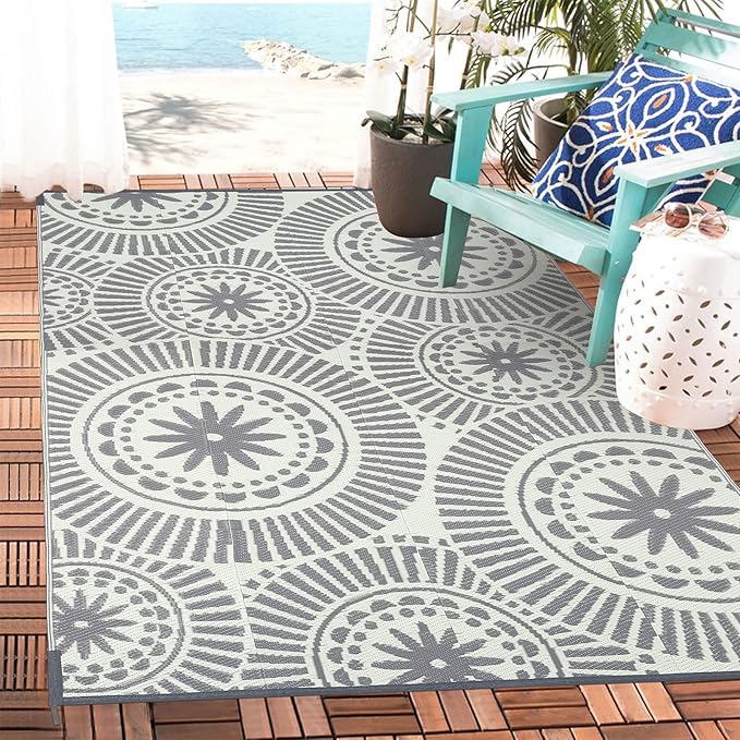 Ileading Reversible Plastic Outdoor Rug Modern Geometric Style Patio Straw Mat Waterproof Deck Carpets Non Shedding Portable Area Rugs for RV Beach Backyard Outside Pool Picnic Camping (5'x8'Grey)