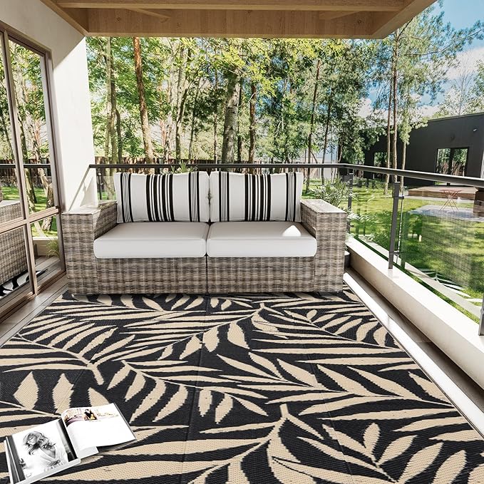 OLANLY Waterproof Outdoor Rug 8x10 ft, Reversible Outdoor Plastic Straw Rug with Leaf Pattern, RV Mat, Indoor Outdoor Carpet for Patio, Camping, Balcony, Deck, Backyard, Black & Beige