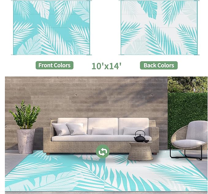GENIMO Outdoor Rug 10' x 14' Waterproof for Patios Clearance, Reversible Outdoor Plastic Straw Camping Rug Carpet, Large Area Rugs Mats for RV, Camper, Deck, Balcony, Porch, Beach, Aqua Blue&White