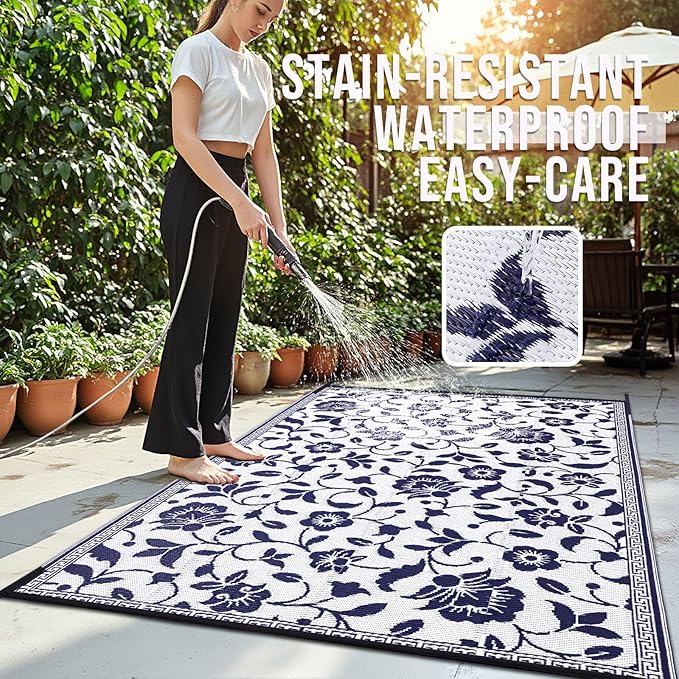 OLANLY Waterproof Outdoor Rug 6x9 ft, Outdoor Plastic Straw Rug with Flower Pattern, Reversible RV Mat for Patio, Camping, Balcony, Deck, Backyard, Navy & White