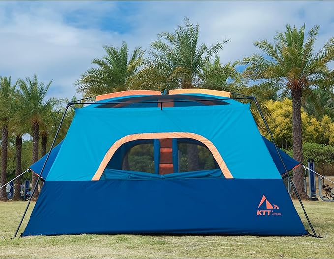 KTT Extra Large Tent 12 Person,2 Bay-Windows,Family Cabin Tents,14'Lx10'Wx6.58'H,2 Rooms and 3 Doors 3 Windows with Mesh,Waterproof,Straight Wall,Big Tent for Outdoor,Picnic,Camping,Gathering