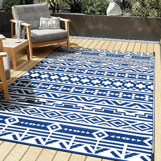 Outdoor Plastic Straw Rug, Waterproof Outdoor Rugs for Patios Clearance, Reversible Area Rug, Large Outside Carpet for Camping, Balcony, RV, Deck, Picnic, Beach 5x8ft Geometric Boho Blue&White