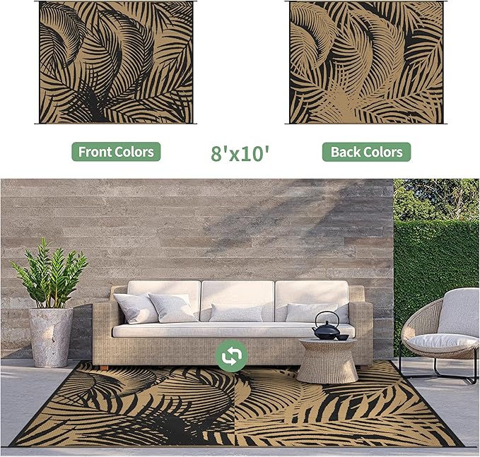 GENIMO Outdoor Rug 8' x 10' Waterproof for Patio Clearance, Reversible Plastic Straw Camping Carpet, Lightweight Mats for Rv, Backyard, Deck, Porch, Picnic, Beach, Balcony, Black & Brown
