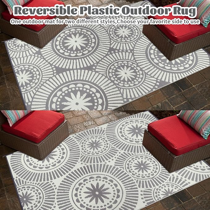 Ileading Large Plastic Outdoor Rug 9x12ft Modern Geometric Style Reversible Patio Area Rugs Waterproof Non Shedding Portable Carpets for Rv Outside Deck Pool Beach Picnic Camping (Grey)