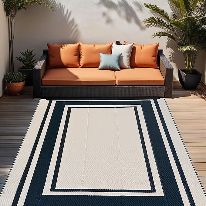 RURALITY Outdoor Rugs 6x9 Waterproof for Patios Clearance,Plastic Straw Mats for Backyard,Porch,Deck,Balcony,Reversible,Black and Beige