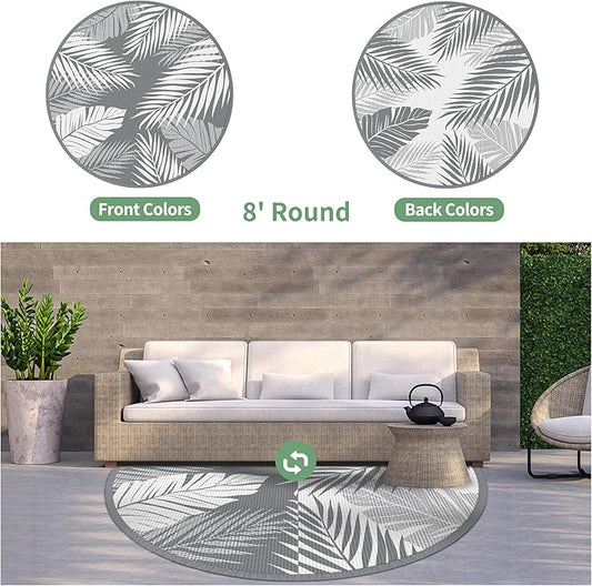 GENIMO Outdoor Rug 8' Round Waterproof for Patios Clearance, Reversible Outdoor Plastic Straw Camping Rug Carpet, Large Area Rugs Mats for RV, Camper, Deck, Balcony, Porch, Beach, Picnic, Grey&White