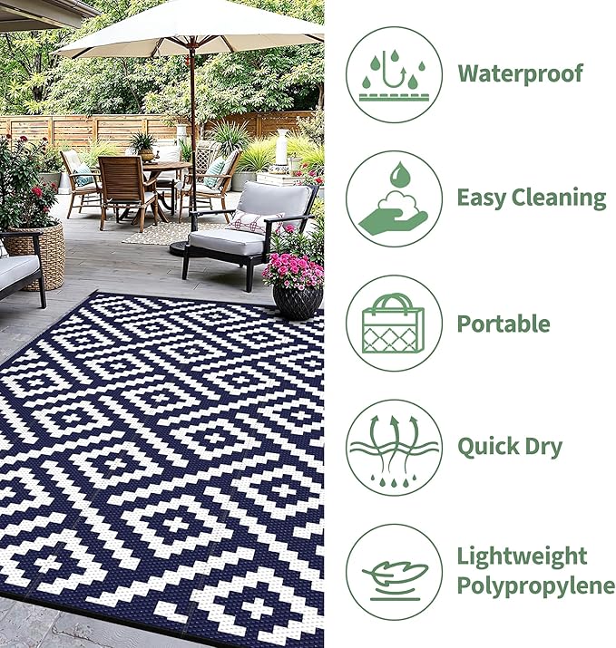Outdoor Rug for Patio - Waterproof Plastic Straw Camping Rugs 8x10 ft, Reversible Outdoor Indoor RV Mat Carpet for Patio, Porch, Deck, Balcony, Picnic, Beach, Blue White