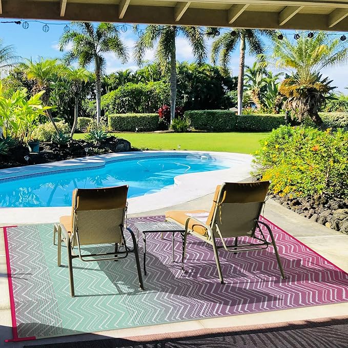 Lahome Outdoor Plastic Straw Rug, Reversible Outdoor Rug Waterproof 6x9 Patio Rugs, Camping Rugs for RV Backyard Deck Porch Picnic Beach Trailer (Pink/Green, 6' x 9')