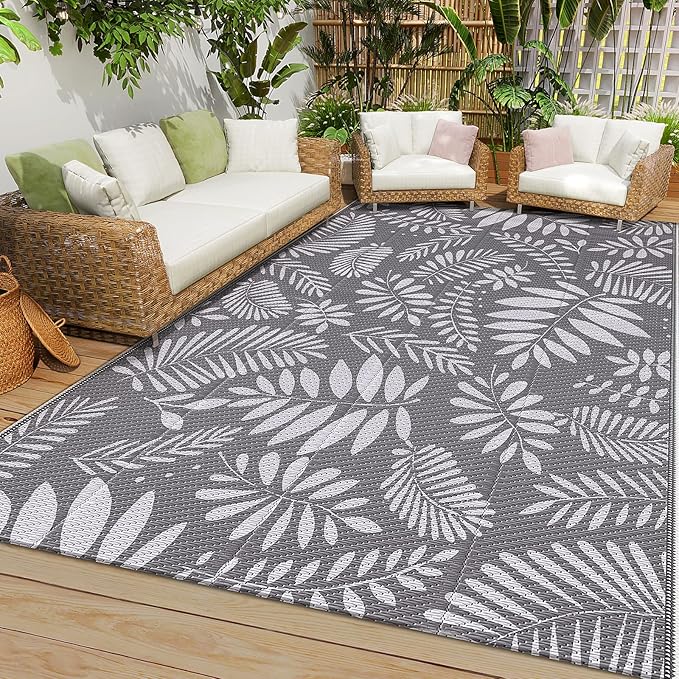 Outdoor Rug, Patio Rug, Plastic Straw Camping Rugs, Large Waterproof Area Rug and Mat for Outdoors, RV, Patio, Backyard, Deck, Porch, Beach, Balcony, (4'x 6', White&Gray)