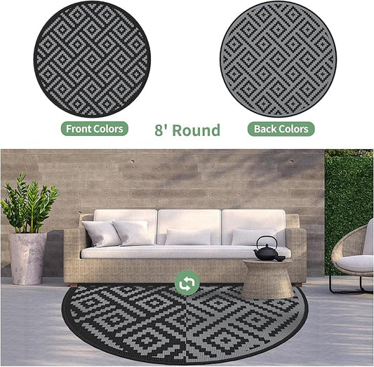 GENIMO 8' Round Outdoor Rug for Patios Clearance, Reversible Plastic Straw Rugs, RV Camping Mat for Camper, Balcony, Backyard, Picnic, Deck, Black & Gray