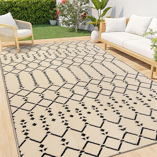 Smiry Outdoor Rug 8x10 ft, Waterproof Reversible Plastic Straw Rugs, Boho Outdoor Area Rug, Outside Floor Mat for Patio, Backyard, Deck, Picnic, Beach, Camping, Beige