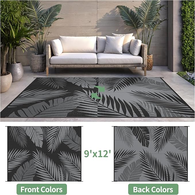 Outdoor Rug 9' x 12' for Patio Waterproof Clearance, Reversible Indoor Outdoor Plastic Straw Camping Rug Carpet, RV Mat, Large Area Rug for Deck, Backyard, Balcony, Porch, Beach, Black and Grey