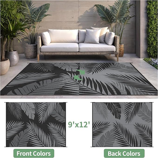 Outdoor Rug 9' x 12' for Patio Waterproof Clearance, Reversible Indoor Outdoor Plastic Straw Camping Rug Carpet, RV Mat, Large Area Rug for Deck, Backyard, Balcony, Porch, Beach, Black and Grey