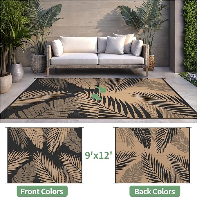 Outdoor Rug 9' x 12' for Patio Waterproof Clearance, Reversible Indoor Outdoor Plastic Straw Camping Rug Carpet, RV Mat, Large Area Rug for Deck, Backyard, Balcony, Porch, Beach,Black and Brown