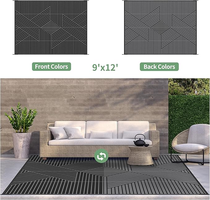 GENIMO Outdoor Rug 9'x12' for Patio Waterproof Clearance, Reversible Outdoor Plastic Straw Rug, Lightweight Carpet Camping Mat for Rv, Camper, Picnic, Balcony, Backyard, Deck, Porch, Black & Gray