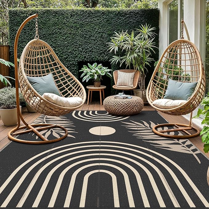 GENIMO Outdoor Rug 9' x 12' Waterproof for Patio Clearance, Reversible Lightweight Plastic Straw Camping Carpet, Large Area Rugs Mats for Rv, Backyard, Deck, Porch, Picnic, Balcony, Mix-Black & Beige