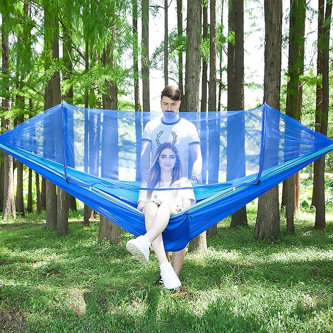 LFL Camping Hammock with Mosquito Net, Hammocks with Tree Straps Carabiners, 1 & 2 Persons Outdoor Portable Tree Straps Swing Hammock, Nylon Parachute Outside Material Hammocks, Blue