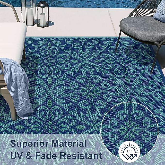 Lahome Navy Blue Outdoor Patio Rug Waterproof 6x9, Plastic Straw Rug Reversible Indoor Outdoor Carpet Floor Decor,Large Portable Outside Camping Mats for Balcony Deck Tent, Deep Blue 6x9