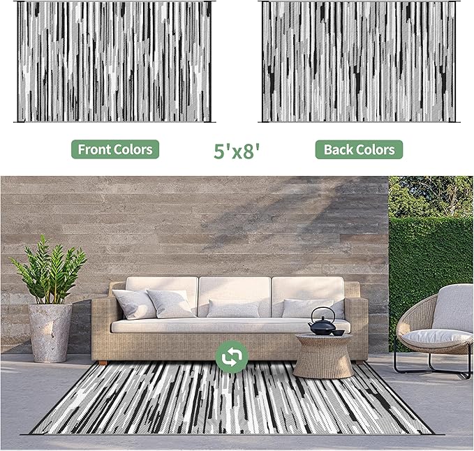 GENIMO Outdoor Rug for Patio Clearance, 5'x8' Waterproof Camping Mat, Reversible Plastic Straw Rugs for RV, Camper, Balcony, Backyard, Picnic, Deck (Black White)