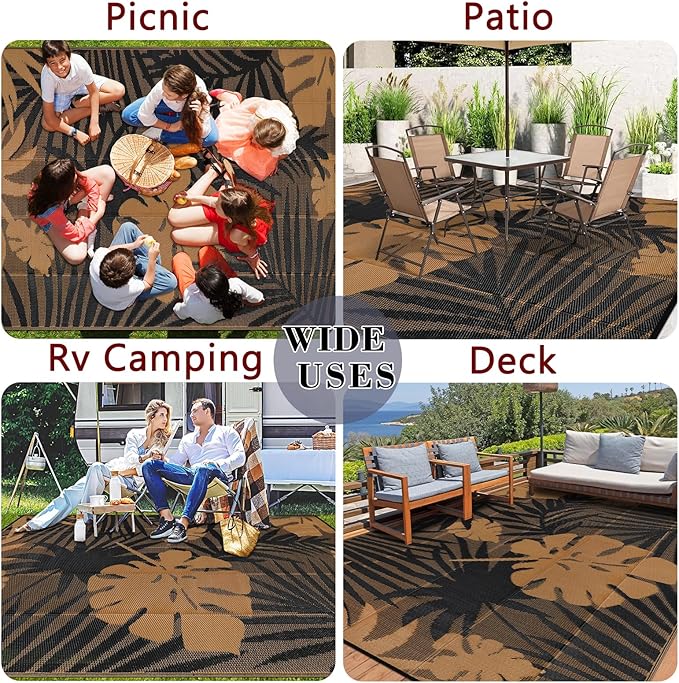 Homcomoda Outdoor Rugs 9’x12’ Waterproof Reversible Patio Rugs Outdoor Clearance Lightweight Outdoor Rugs Portable RV Camping Mats for Tents Deck Porch BBQ Beach Backyard