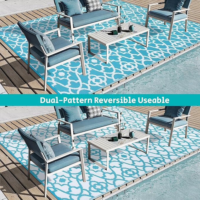 HEBE Outdoor Rug 9'x12' for Patios Waterproof Clearance Reversible Patio Mat Plastic Straw Rug RV Camping Mat Outside Area Rug Carpet for Camping RV,Porch,Deck,Balcony,Camper,Backyard