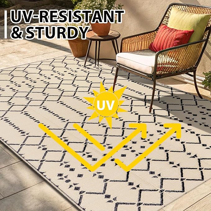 Smiry Outdoor Rug 9x12 ft, Waterproof Reversible Plastic Straw Rugs, Boho Outdoor Area Rug, Outside Floor Mat for Patio, Backyard, Deck, Picnic, Beach, Camping, Beige