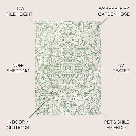 JONATHAN Y SMB105G-5 Estrella Bohemian Medallion Textured Weave Indoor Outdoor Area-Rug, Coastal Traditional Easy-Cleaning,Bedroom,Kitchen,Backyard,Patio,Non Shedding, 5 X 8, Green/Cream