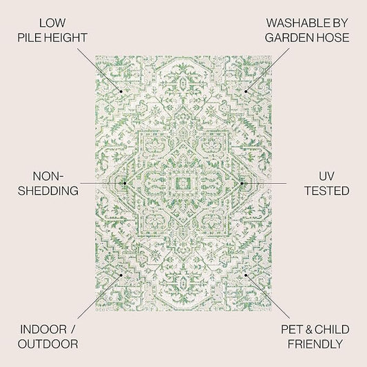 JONATHAN Y SMB105G-4 Estrella Bohemian Medallion Textured Weave Indoor Outdoor Area-Rug, Coastal Traditional Easy-Cleaning,Bedroom,Kitchen,Backyard,Patio,Non Shedding, 4 X 6, Green/Cream