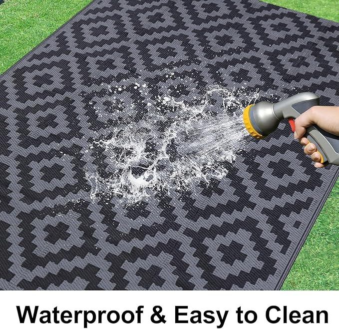 Smiry Waterproof Outdoor Rug 5x8ft, Reversible Plastic Straw Patio Camping Rugs, Outdoor Indoor RV Mat Carpet for Patio, Outside Entry, Backyard, Deck, Bench, Picnic, Camper, Black & Grey