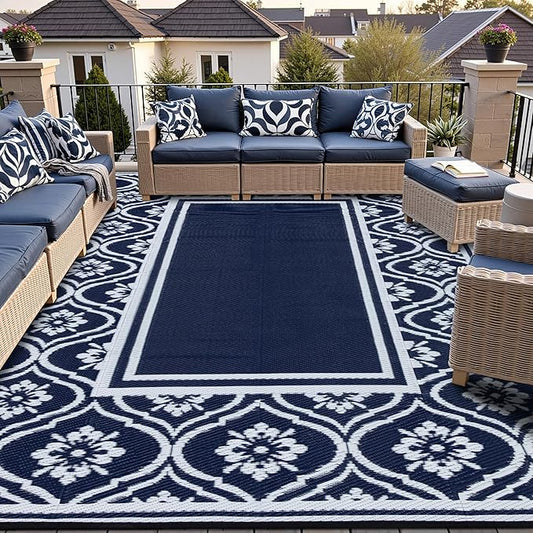 Outdoor Rug 8x10 Patio Waterproof Mat Camping Carpet Blue Outside Area Rug Reversible Rugs for RV Deck Entryance Porch Picnic Balcony Beach