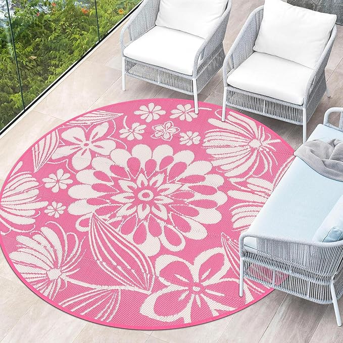Ileading Round Outdoor Plastic Straw Rug 6ft Funny Floral Style Reversible Patio Area Rugs Waterproof Non Shedding Portable Carpets for Rv Outside Deck Pool Beach Picnic Camping (Pink)