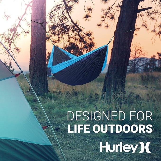 Hurley Duo Camping Hammock - 2 Person Portable Hammock for Camping, Heavy Duty Hammock, Parachute Nylon Fabric - Camping Accessories for Outdoor Activity - Holds Up to 400lbs, Monsoon Blue, 118 x 79