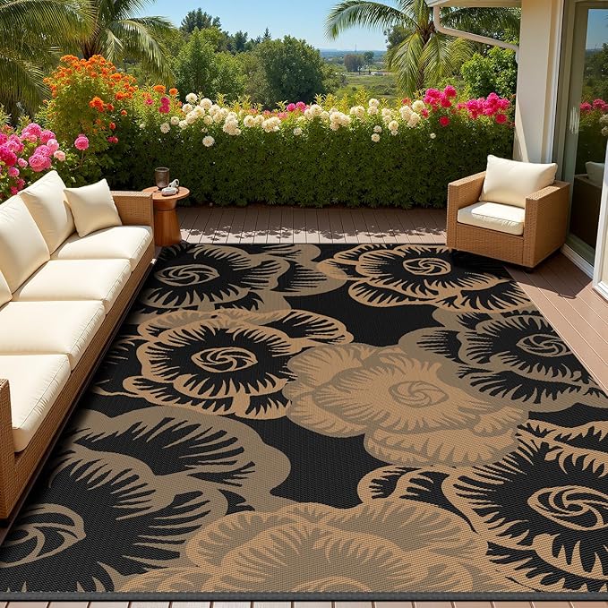 MontVoo Outdoor Rug-Waterproof Patio Rug Mat 5x8 Outdoor Carpet Mat Reversible Plastic Straw Outside Outdoor Rug for RV Camping Picnic Beach Balcony Backyard Pool Deck Farmhouse Floral Black Brown