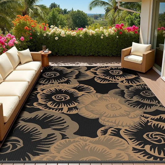 MontVoo Outdoor Rug-Waterproof Patio Rug Mat 6x9 Outdoor Carpet Mat Reversible Plastic Straw Outside Outdoor Rug for RV Camping Picnic Beach Balcony Backyard Pool Deck Farmhouse Floral Black Brown