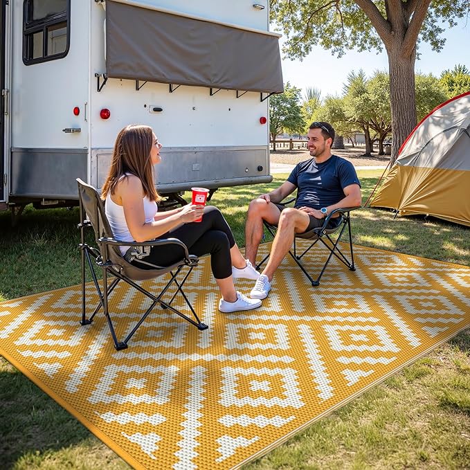 GENIMO Outdoor Rug for Patio Clearance, 6'x9' Reversible Plastic Straw Rugs, Lightweight Waterproof RV Camping Mat for Camper, Balcony, Deck, Backyard, Picnic, Yellow & Beigewhite