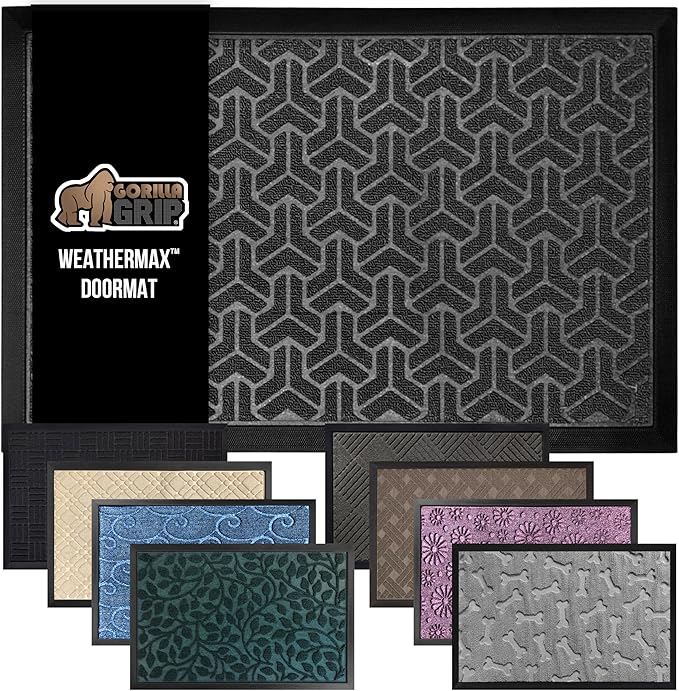 GORILLA GRIP 100% Waterproof All-Season WeatherMax Doormat, Durable Natural Rubber, Stain and Fade Resistant, Low Profile, Indoor Outdoor Door Mats, Easy Clean Entrance Mat, 17x29, Slate Geometric