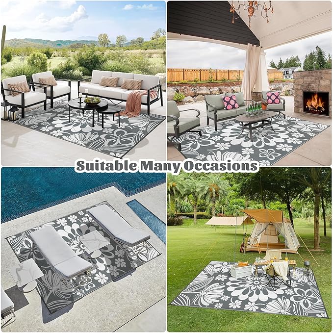Ileading Outdoor Plastic Straw Rug 5x8ft Funny Floral Style Reversible Patio Area Rugs Waterproof Non Shedding Portable Carpets for Rv Outside Deck Pool Beach Picnic Camping (Grey)