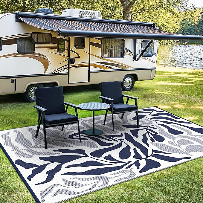GENIMO Outdoor Rug 6' x 9' Waterproof for Patio Clearance, Reversible Plastic Straw Camping Carpet, Lightweight Rugs Mats for Rv, Backyard, Deck, Porch, Picnic, Beach, Balcony, Blue & White