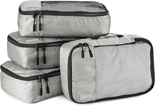 Amazon Basics Small Packing Cubes for Travel, Packing Organizers, 4-Piece-Set With Double Zipper Pulls and Mesh Top Panel, 100% Durable Polyester, Gray, 11"L x 6.8"W x 3"H