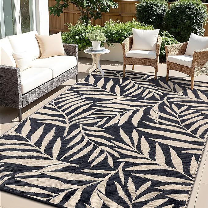 OLANLY Waterproof Outdoor Rug 6x9 ft, Reversible Outdoor Plastic Straw Rug with Leaf Pattern, RV Mat, Indoor Outdoor Carpet for Patio, Camping, Balcony, Deck, Backyard, Black & Beige