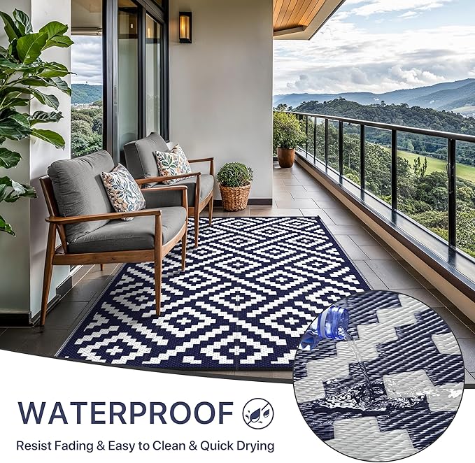 GENIMO Outdoor Rug for Patio Clearance,6'x9' Waterproof Mat,Reversible Plastic Camping Rugs,Rv,Deck,Porch,Camper,Balcony,Backyard (Navy Blue & White)