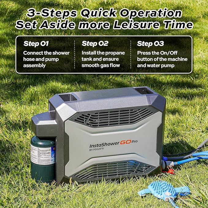 FOGATTI Camping Shower Tent with InstaShower GO Pro Portable Water Heater and Carrying Bag