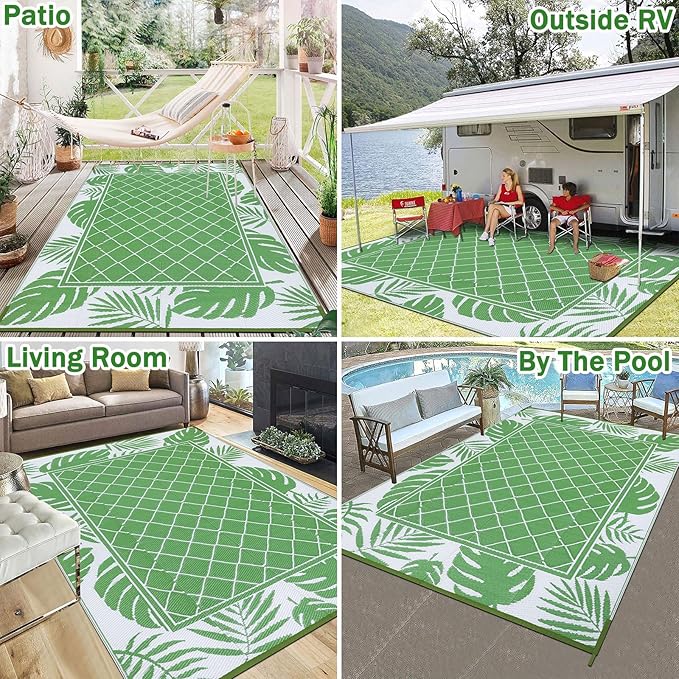 Ileading Outdoor Rug Carpet for Patio 5' x7' Waterproof Reversible Plastic Straw Rug Portable Outside Area Rug Camping Mat for Patio, Clearance, Balcony, Picnic, Pool, Beach, RV, Deck, Leaf Green