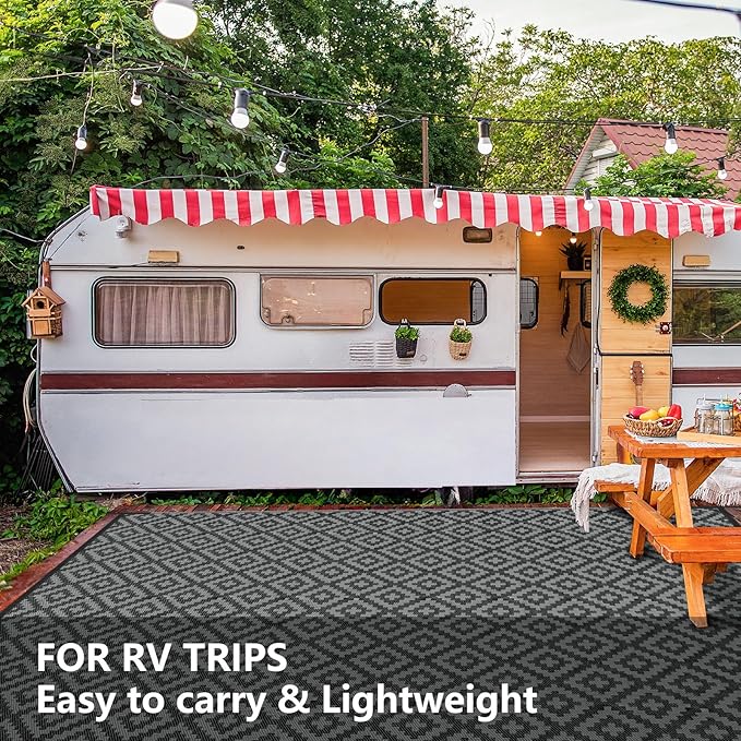 Outdoor Patio Plastic Straw Rug - 9'x12' Outdoor Camping Rug Waterproof Reversible, Area Carpet Patios Clearance RV, Outside Porch Balcony Deck for Camper, Black & Grey