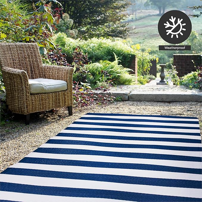 FH Home Outdoor Rug - Waterproof, Fade Resistant, Reversible - Premium Recycled Plastic - Striped - Large Patio, Deck, Sunroom, Camping, RV - Brittany Stripe - Blue & White Crease Free - 6 x 9 ft